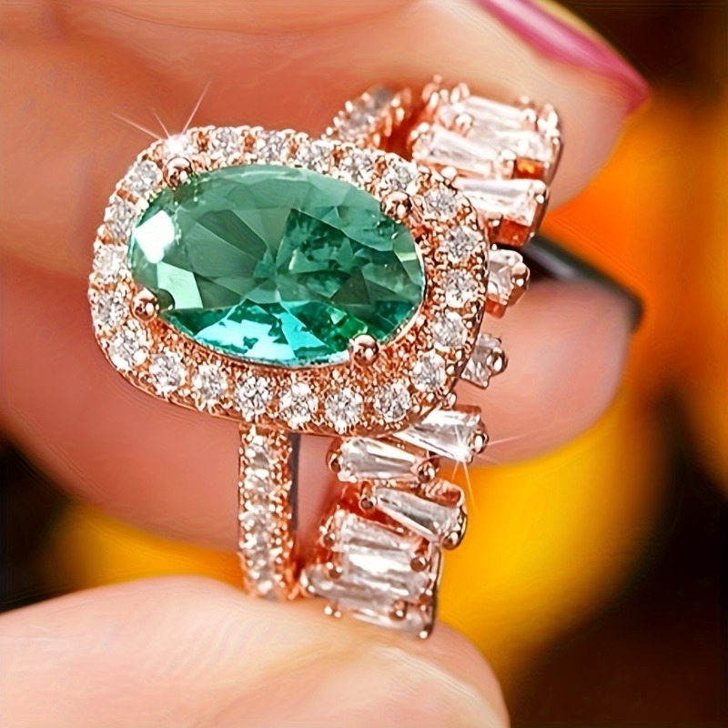 2pc Luxury Inlay Oval Green Zircon Halo Ring Set